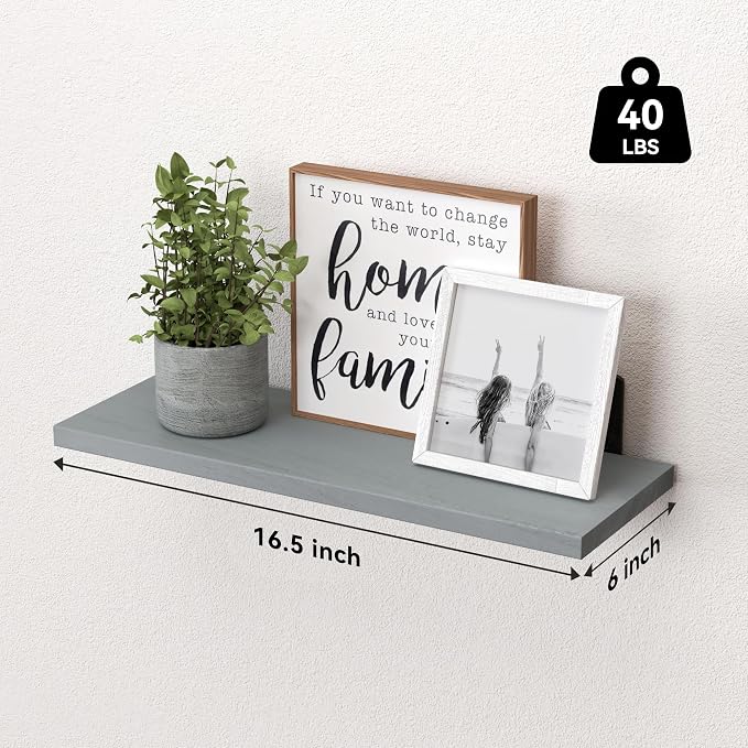 Wood Floating Shelves Set of 6, Shelves for Wall Decor, Farmhouse Shelf for Bedroom, Bathroom Storage Shelves, Book Shelves for Living Room-Grey