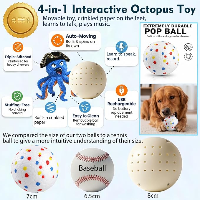 2026 Interactive Dog Toys, Self Moving Octopus Dog Toy Set with 2 Balls - Automatic Wobble Ball & Durable Chew Ball, 4-in-1 Squeaky Plush Enrichment Toy to Keep Them Busy for Medium Large Dogs
