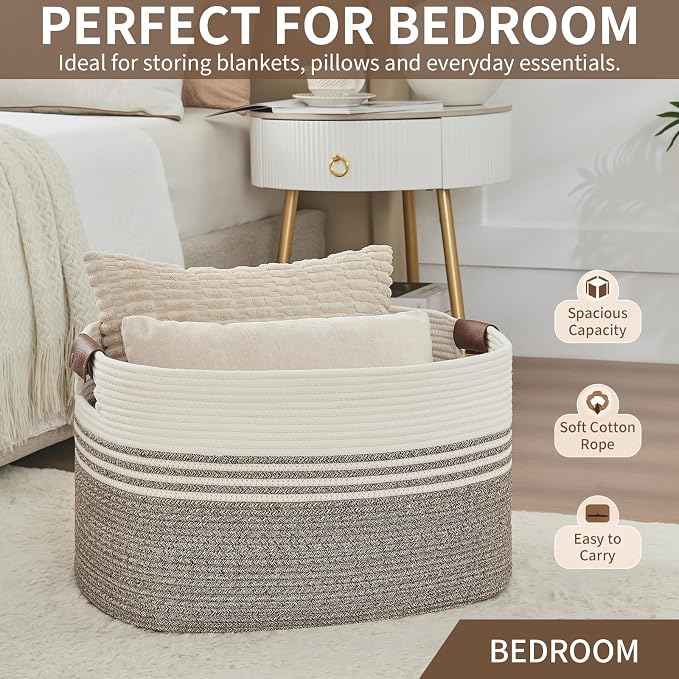 DOFASAYI Laundry Hamper with Handles, 72L Rope Laundry Basket, Brown | Cotton rope clothes hamper with leather handles holds blankets, pillows, toys and laundry in nursery, bedroom or living room