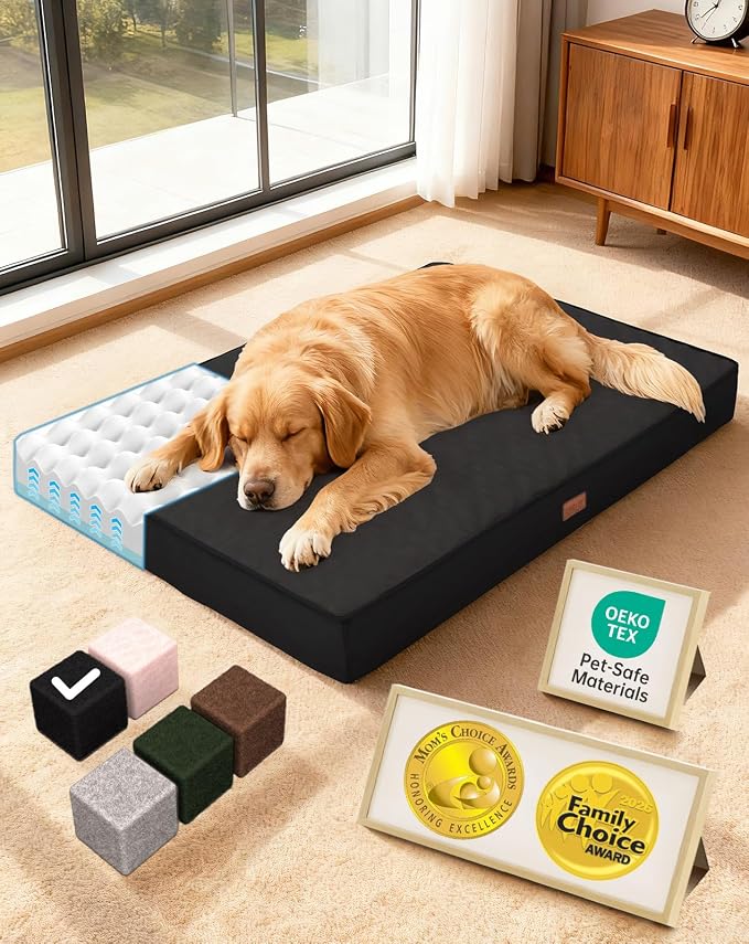 OhGeni Orthopedic Waterproof Large Dog Bed, Memory Foam, 41 inch(Black) | Machine-Washable Removable Cover in Easy-Clean Fabric, Reversible Memory Foam & Easy-Carry Handle, Suitable for Crate