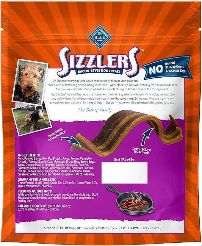 Blue Buffalo Sizzlers Natural Soft Dog Treats, Bacon-Style Soft-Moist Dog Treats with Real USA Pork, Original Flavor, 6-oz Bag, (Pack of 2)