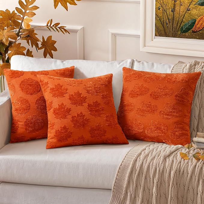 decorUhome Chenille Rust Two Pumpkins Throw Pillow Covers 18x18 Set of 2 | Fall Decorative Jacquard Farmhouse Soft Modern Farmhouse Neutral Pillowcases for Bed Sofa Autumn Harvest Halloween Holiday