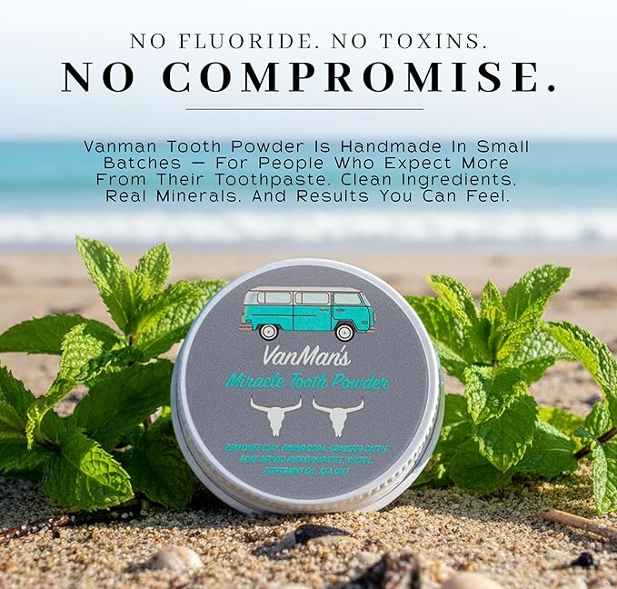 Vanman’s - Tiny Mint and Bone Tooth Powder Toothpaste - Flouride-Free Whitening Tooth Powder with Cattle Bone Derived Hydroxyapatite, Bentonite Clay, Peppermint Oil - Remineralizing - 0.25 oz