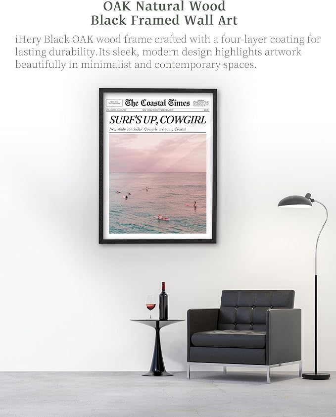 iHery 16x20in Surf’s Up Cowgirl Black Framed Newspaper Wall Art | Premium Black Natural OAK Wood Frame with Canvas Print, Coastal Cowgirl Decor for Bedroom, Dorm, Living Room 1Pack
