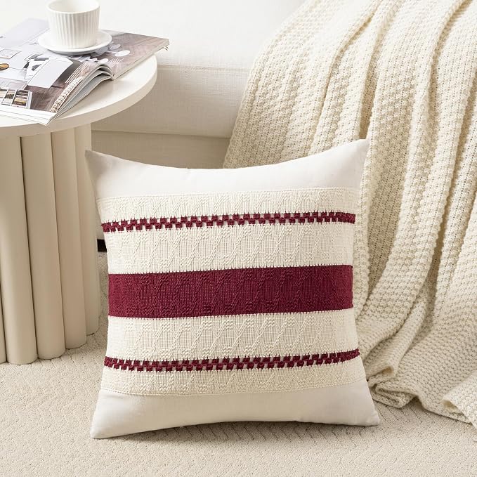 Fancy Homi Set of 2 Burgundy Boho Decorative Throw Pillow Covers 16x16 Inch for Couch Bed Sofa, Aesthetic Modern Farmhouse Christmas Room Decor, Soft Cotton Cute Textured Wind Red Cushion Case