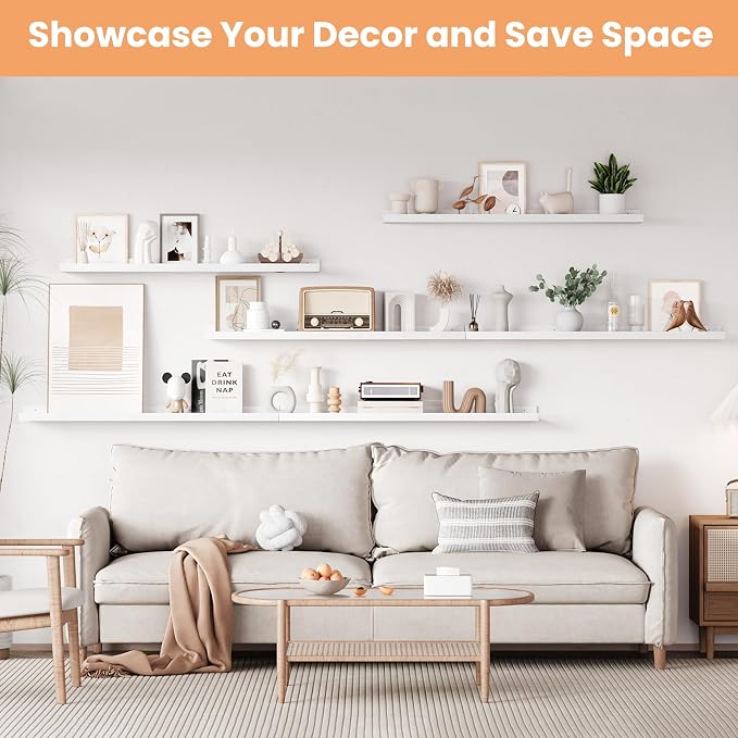 upsimples Floating Shelves for Wall Decor and Storage, White, 6Pcs 47.3'' | Wall Mounted Wood Shelves for Living Room, Bedroom, Kitchen, Office, Hallways Display and Organize Photos