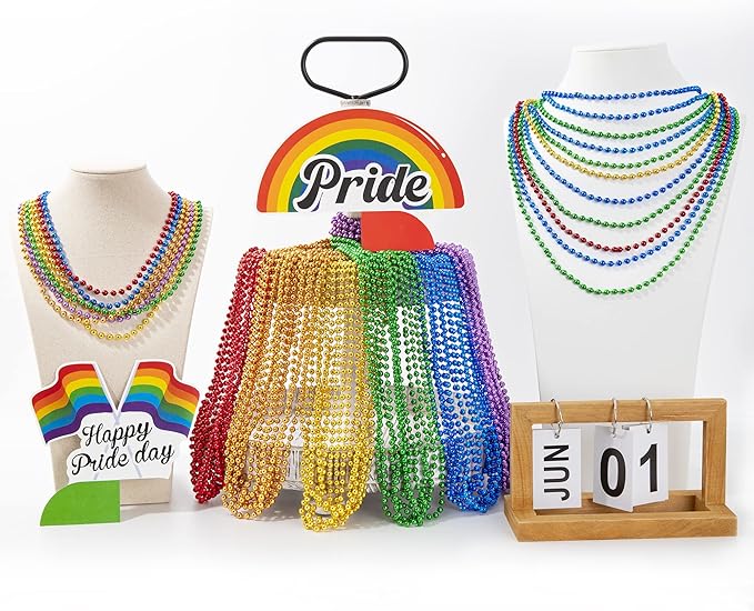 24PCS Pride Necklace Stuff, LGBTQ Beads Pride Accessories, 6 Kinds of Metallic Rainbow Beads Bulk, Gay Lesbian Pride Necklace for Women Men, Costumes Decor for Pride Month Parade Throws Party Favors
