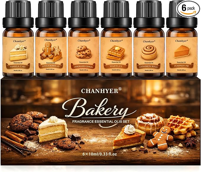 Bakery Essential Oils Set for Diffusers 6x10ml-Chocolate Cookies,Vanilla Cake,Cinnamon Rolls,Pumpkin Pie,Gingerbread,Waffles,Fragrance Oils for Candle&Soap Making