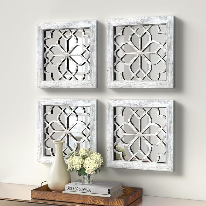 Set of 4 Boho Wall Mirrors with Carved Floral Design, 12x12 Inch Rustic Farmhouse Accent Mirrors, Vintage Style Shatterproof Square Mirror Decor for Living Room, Bedroom(Grey)