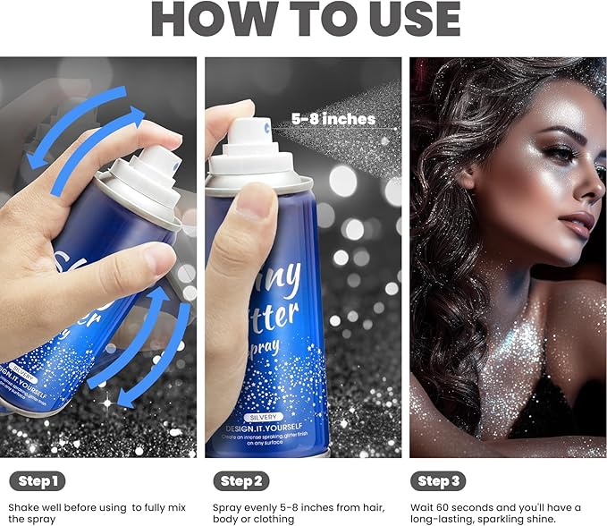 Body Glitter Spray Holographic Silver Glitter Hairspray Shiny Spray for Body Hair Clothes, Quick-Drying Long Lasting Shimmer Makeup for Music Festival Rave Prom Party (4.22 Fl Oz, Silver)