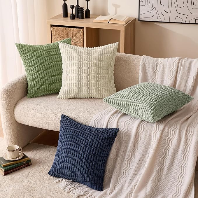 MIULEE Set of 4 Soft Corduroy Throw Pillow Covers Green Blue 18x18 Inch | Modern Farmhouse Boho Decorative pillows,Accent Cushion Covers for Couch,Sofa,Bedroom