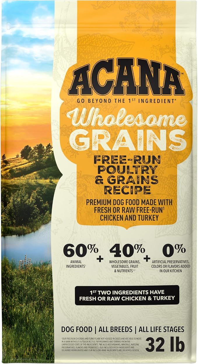 ACANA Wholesome Grains Dry Dog Food Poultry & Grains Recipe 32lb Bag | High Protein, Made in the USA, Includes Probiotics, Free-Run Poultry, Global Quality Ingredients