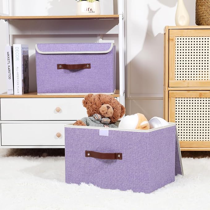 ANMINY Fabric Storage Box Bins with Lids, Purple, 13"x9"x7.9", 2 Pack | Keepsake Memory Storage, Cotton Linen, PP Board Reinforced, Washable, PU Handles, Foldable & Stackable, Decorative, Medium