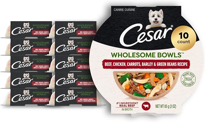 Cesar Wholesome Bowls Wet Dog Food, Beef & Green Beans, 3 oz, 10 Count | Real chicken #1 ingredient, 11 key ingredients or less, no by-products or artificial flavors, serve solo or with dry food