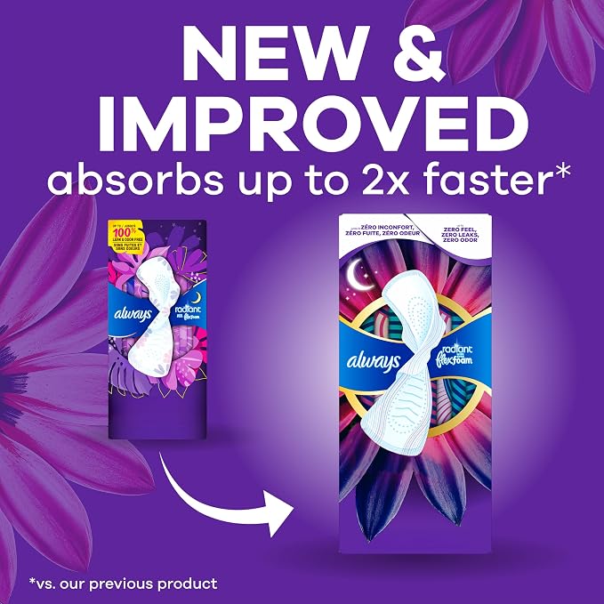 Always Radiant Feminine Pads for Women, Flexfoam Pads with Wings, Size 4, Overnight Absorbency, Lightly Scented, 28 Count