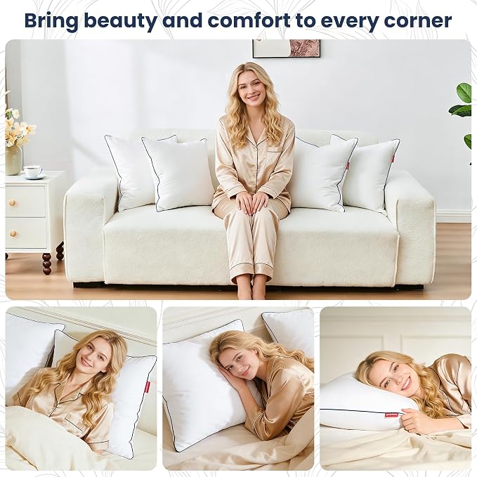 Down Pillow Inserts 20x20, Set of 2, 100% Goose Down Feather Throw Pillows Inserts, Triple-Layer Downproof, Decorative Pillow Insert with Soft Cotton Cover for Couch Sofa Bed Living Room