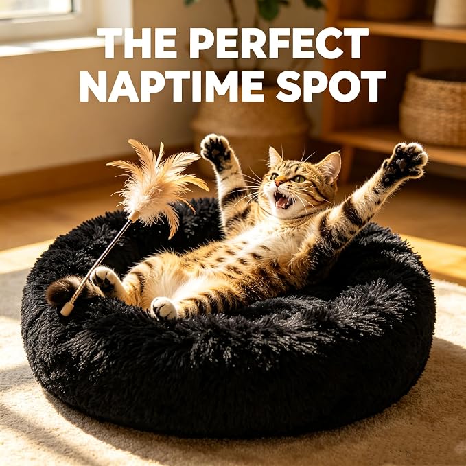 Cat Beds for Indoor Cats - Cat Bed Washable 20/24 inches, Dog Beds for Small Medium Dogs, Anti Anxiety Round Fluffy Plush Faux Fur Cat Bed, Thick Bottom (Dark, Medium)