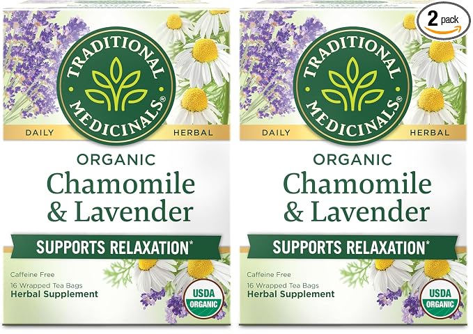 Traditional Medicinals Organic, Chamomile & Lavender - Chamomile Tea Supporting Stress Relief and Relaxation - Kosher, Non-GMO, Caffeine-Free, Compostable - 16 Tea Bags (Pack of 2)