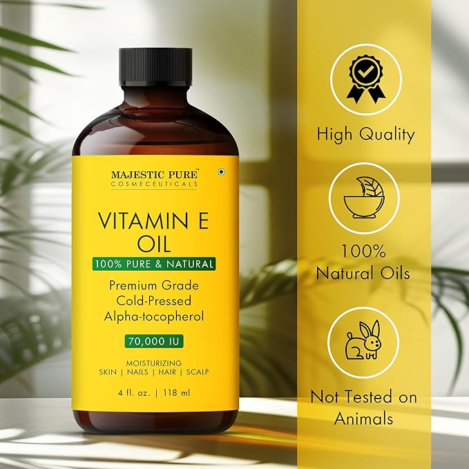 Majestic Pure Vitamin E Oil 4 Oz Vitamin E oil for Skin, Face Oil, Hair Oil and Body Oil- 100% Pure and Natural, 70,000 IU- Cold Pressed Hexane Free Non-GMO Gluten Free Formula