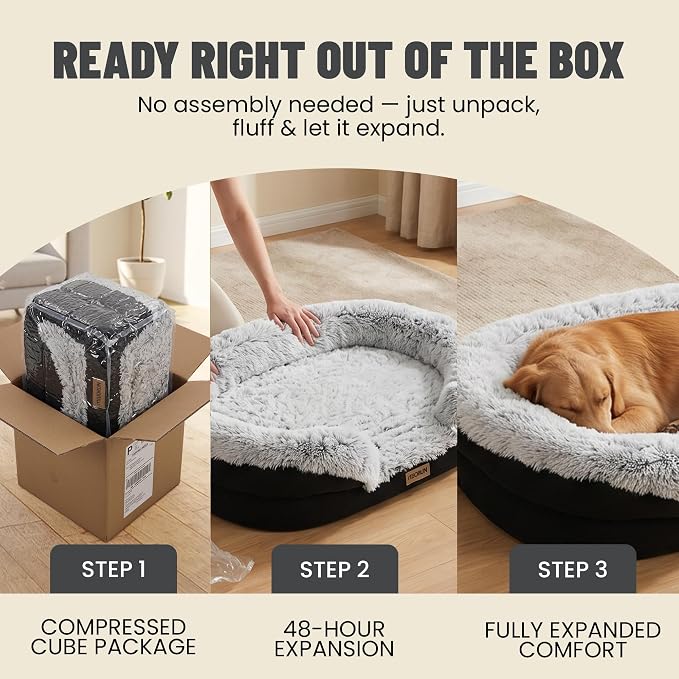 Fluffy Orthopedic Dog Beds Large Sized Dog, 48" Bolster Sofa Bed | Soft plush faux fur,lowered entry,washable cover,waterproof liner,claming dog couch for x-large dogs,supportive bolster