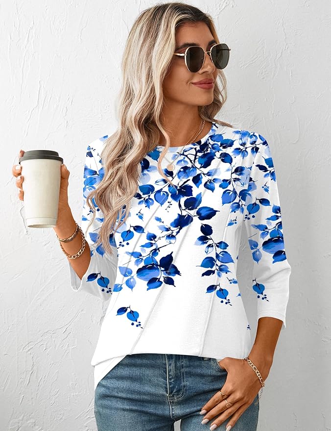 LOMON 3/4 Length Sleeve Womens Tops Spring Summer Fashion 2026 Tops Crew Neck Pleated Shirts Tunic Top Loose Fit