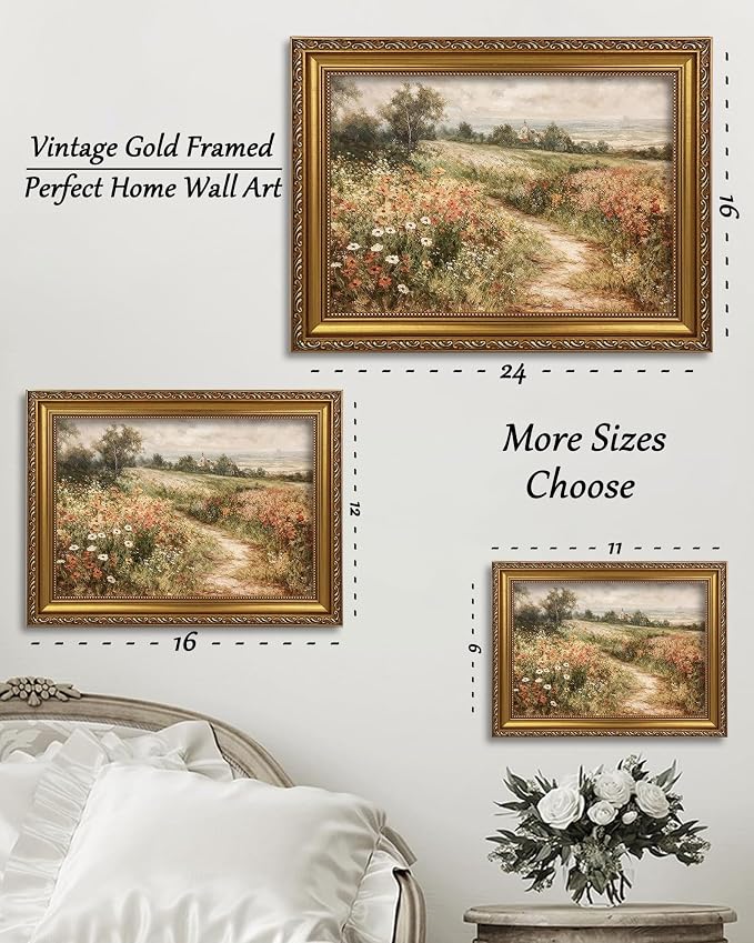 Vintage Gold Framed Wall Art Landscape Nature Wildflower Canvas 9x11in | Country Wildflower, Living Room, Bedroom Decor, Gifts for Friends or Family