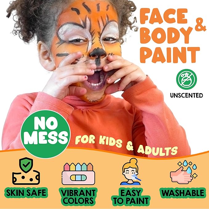 Jim&Gloria Face Paint Kit Bulk 32 Professional Face Painting Kit for Kids Party, Metallic, Neon, Classic Makeup, Facepaint Crayons, Washable Body Paint Adults, Girls Christmas Gifts Boys Crafts Toys