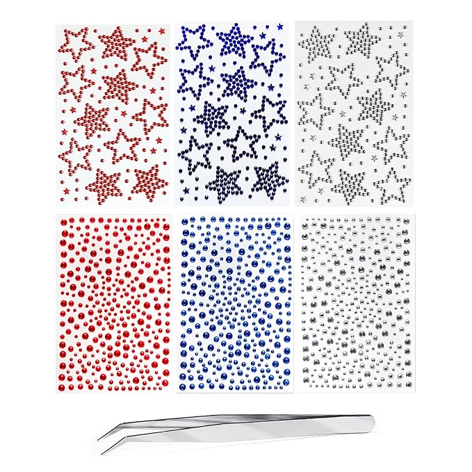 4th of July Self Adhesive Face Gems for Makeup, Red Blue Clear Festival Jewels, Hair Gems, Patriotic Star Rhinestone Stickers for Face, Eye, Makeup, Body (redwhiteblue_6pcs)