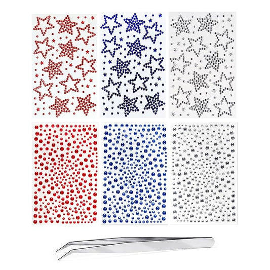 4th of July Self Adhesive Face Gems for Makeup, Red Blue Clear Festival Jewels, Hair Gems, Patriotic Star Rhinestone Stickers for Face, Eye, Makeup, Body (redwhiteblue_6pcs)