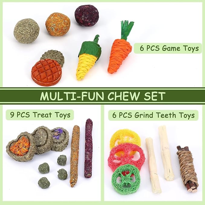 Bunny Toys, 21PCS Rabbit Chew Toys for Teeth, Guinea Pig Natural Treats