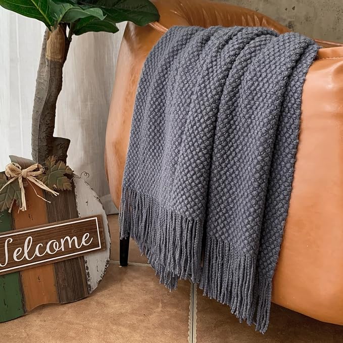 LOMAO Knitted Throw Blanket with Tassels Bubble Textured Soft Lightweight Throws for Couch Cover Home Decor (Dark Grey, 50x60)