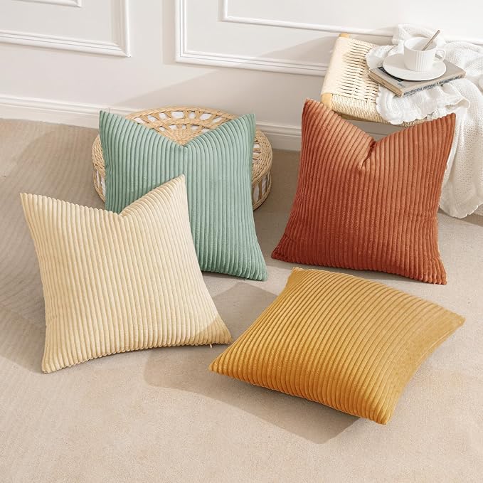 MIULEE Soft Corduroy Decorative Throw Pillow Covers Teal-Rust 18x18 | Set of 4, Mordern Rustic Home Decor, Retro Vintage Set, Boho Farmhouse Cushion Covers for Couch Bed Sofa Living Room