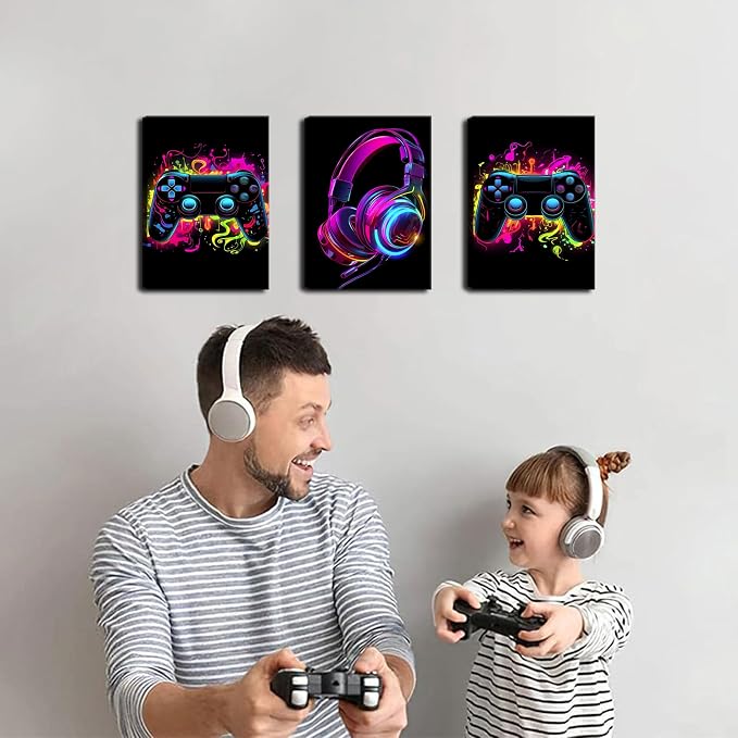 BGFCE Game Room Decor Set of 3, Neon Gaming Video Game Room Wall Art, Gaming Canvas Paintings Posters Prints for Teen Boys Room Children Teen Wall Decor Framed 16x24 in
