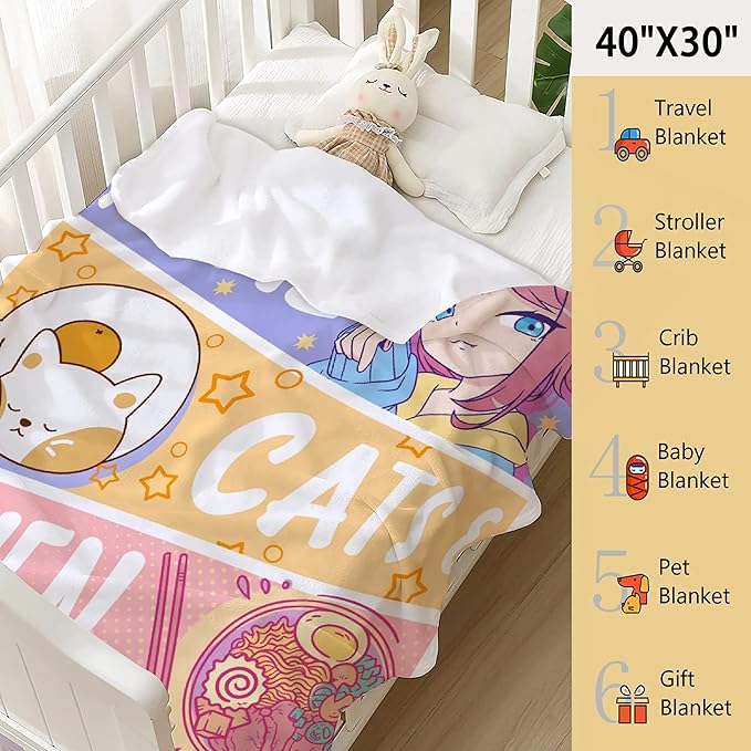Just A Girl Anime Blanket Gifts for Girls - Kawaii Decor, Cats & Ramen Flannel Blanket, Luxurious & Cozy, 60x80 Inch