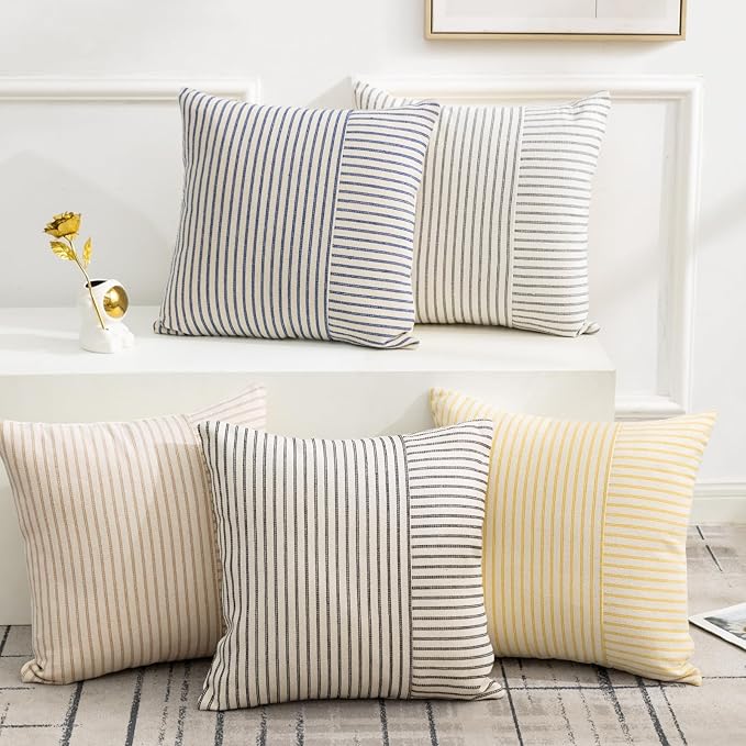 YCOLL Farmhouse Pillow Covers 22x22, Modern Accent Square Throw Pillow Covers Set of 2, Yellow and Beige Striped Patchwork Linen Decorative Pillows Cushion Covers for Couch Chair Bedroom Home Decor
