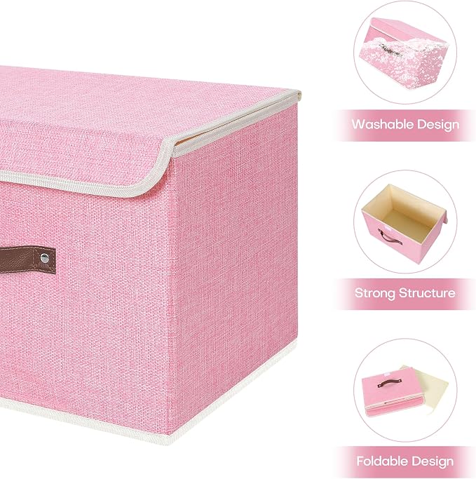 ANMINY Fabric Storage Box Bins with Lids, Pink, 15"x10"x10" | Keepsake Memory Storage, Cotton Linen, PP Board Reinforced, Washable, PU Handles, Foldable & Stackable, Decorative, Large