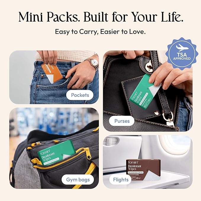 FOMIN Acidified Travel Deodorant Mini Wipes For Women & Men- Variety Pack - 288 Count - pH Balanced, Biodegradeable Mini Deodorant Travel Size Wipes - Plastic-Free, Underarm Body Wipes