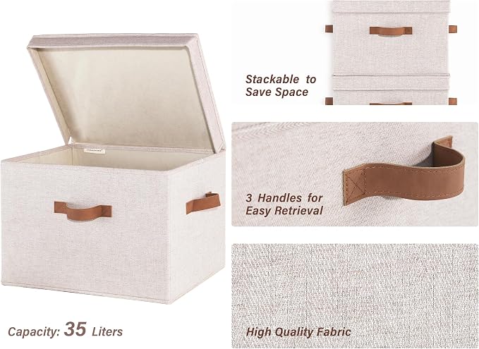 StorageWorks Fabric Storage Bins with Lids, Large Closet Storage Bins | Flip-Top Lid, 3 Handles, Collapsible, Stackable, for Clothes Blankets, Multi-Purpose, Jumbo, Brown and Beige, 2-Pack