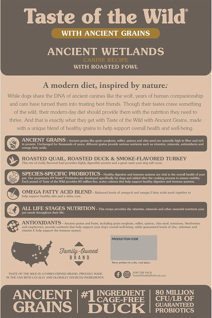 Taste of the Wild Ancient Wetlands Dry Dog Food, Roasted Fowl, 5lb | Puppy, Adult & Senior Dogs | High Protein | Real Duck & Ancient Grains | Nutrient Dense to Help Support Peak Health