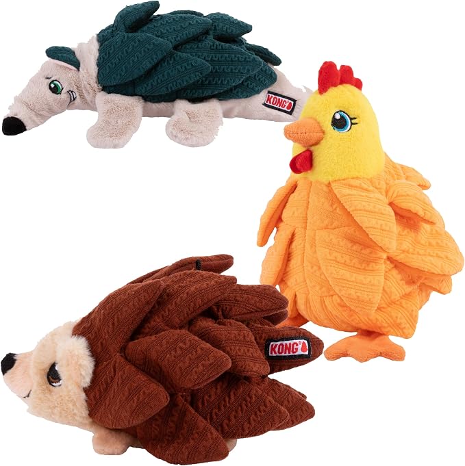 KONG Layerz Forage Dog Toy – Plush Puzzle Toy with Quilted Treat Pockets, Crackle Material & Squeaker for Enrichment (3 Pack (Armadillo, Hedgehog and Hen))