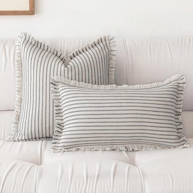 YEENAASY Throw Pillow Covers 16x16 Boho Striped Pillow Cases with Tassel | Set of 2 Fringe Pillow Cover Farmhouse Cushion Covers Neutral Pillows Decorative Square Pillowcase for Couch Sofa Bed, Grey