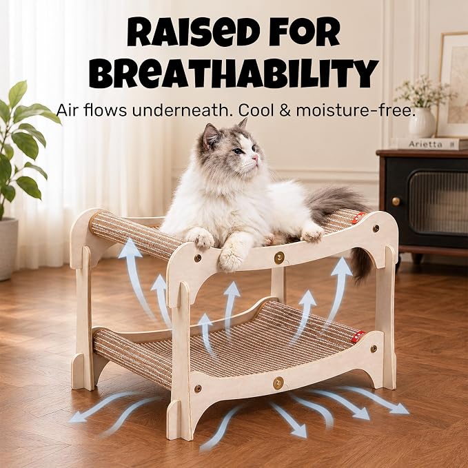 Cat Lounger, 2-Tier Wood Bed & Scratcher, Double Layer Cat Hammock Bunk Bed for Indoor Large Cats, Heavy Duty Multi-Cat Lounge Chair Furniture with Durable Jute Pads