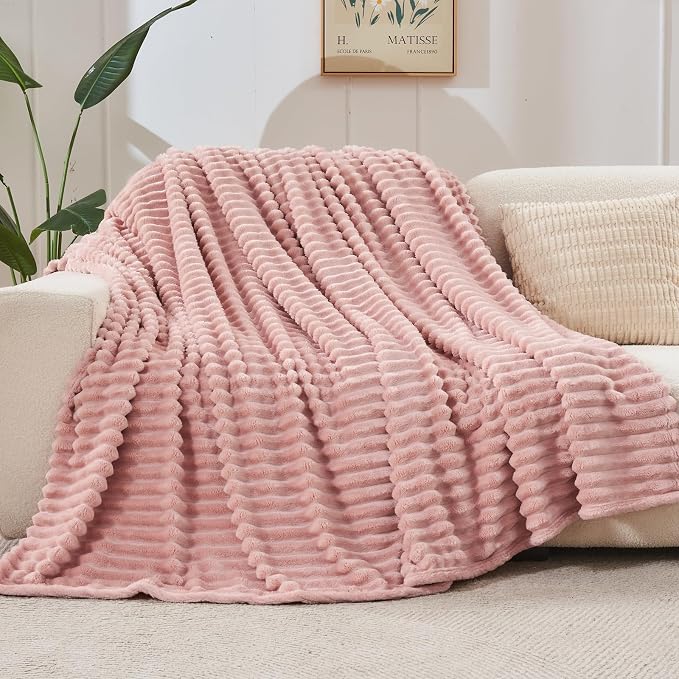 NEWCOSPLAY Fleece Ribbed Cozy Throw Blanket for Couch, Pink, 50"x60" | Premium Silky Flannel Blanket, Soft Lightweight Fluffy Throw Blanket for Bed Sofa Decor, Gift for All Season Use