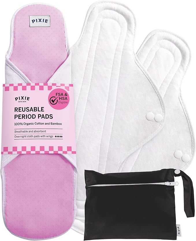 Pixie Cotton Cloth Pads for Feminine Care - 100% Organic Reusable Pads - Ranked 1 for Softest Menstrual Sanitary Napkins - Machine Washable & Includes Free Wet Bag - Menstrual Liner (Overnight)