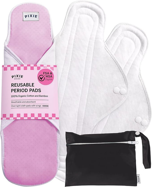 Pixie Cotton Cloth Pads for Feminine Care - 100% Organic Reusable Pads - Ranked 1 for Softest Menstrual Sanitary Napkins - Machine Washable & Includes Free Wet Bag - Menstrual Liner (Overnight)