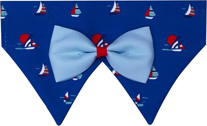Blueberry Pet Nautical Navy Blue Sailboat Adjustable Dog Bandana Collar with Bow Tie, Small, Neck 12"-16"