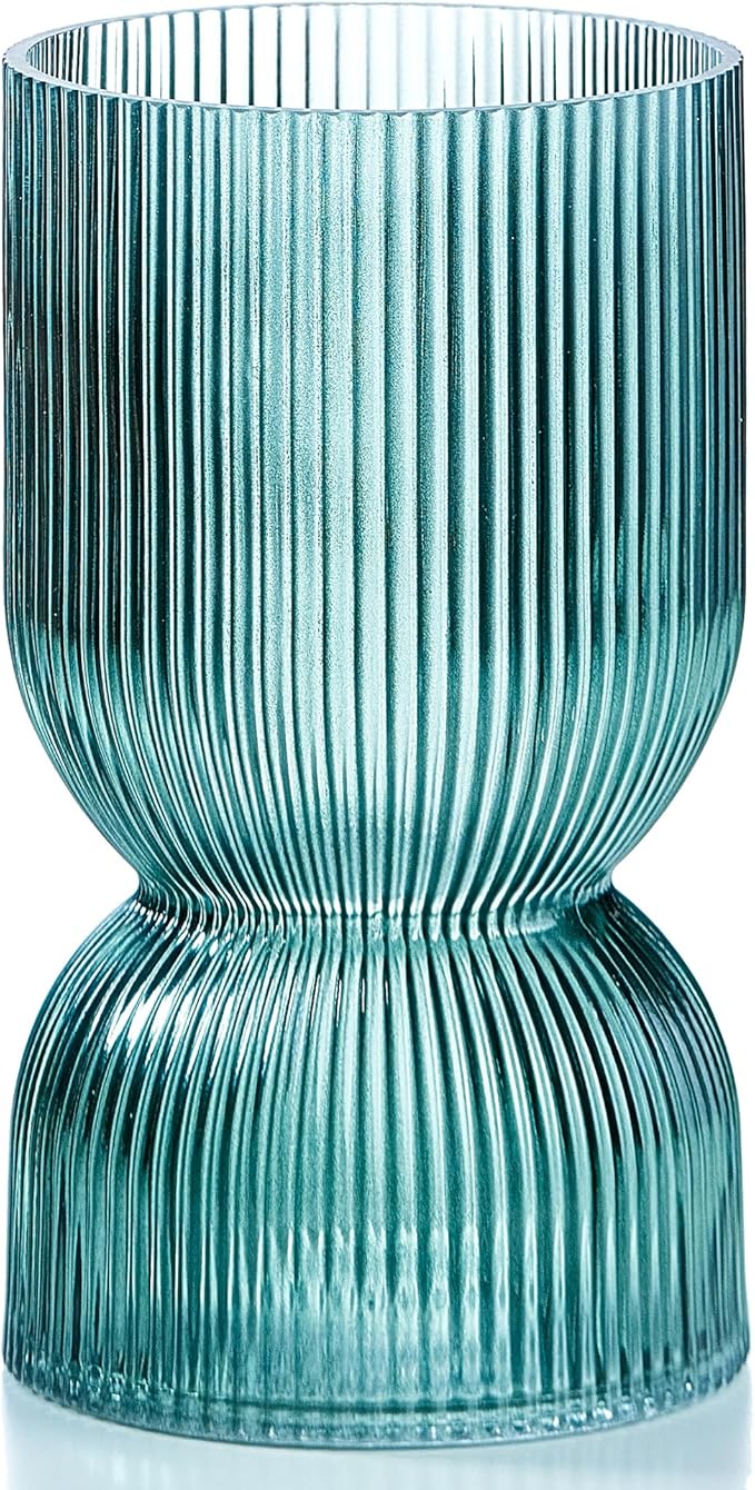 7.5 inch Vase for Flowers, Teal Ribbed Thickened Glass Vases, Hourglass Bud Flower Vase for Bookshelf, Dinner Table, Indoor Office Desktop, Meeting Room, Bathroom, Home Decor, Christmas Decoration