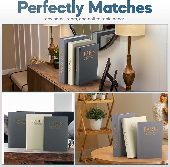 Faux Book Storage Box Set (Set of 3) – Decorative Faux Books with Hidden Storage for Coffee Table Decor, Bookshelf or Mantle – Linen Decorative Book Boxes – Aesthetic Decor for Homes