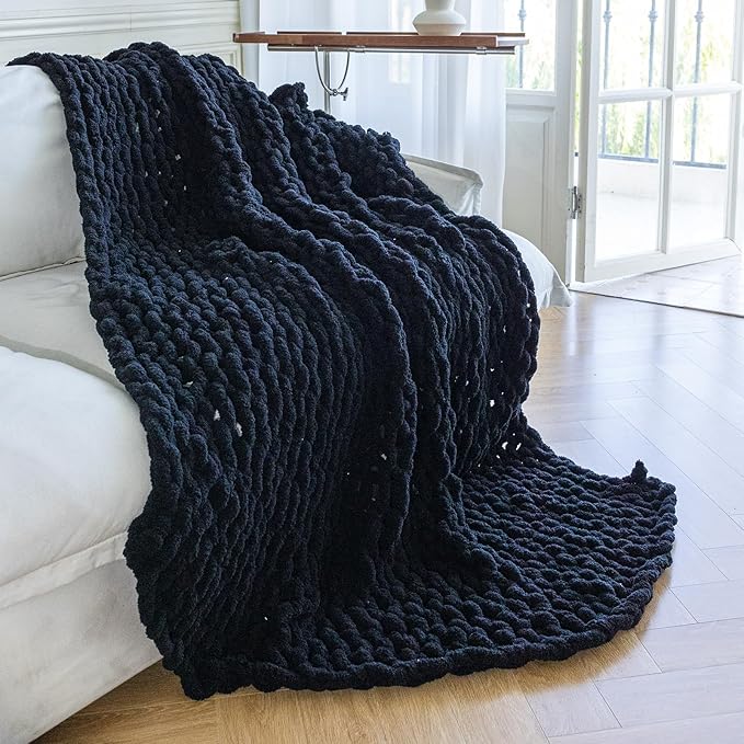 Chunky Knit Blanket - Luxury Soft Cozy 80 * 90 Throw Blanket,100% Woven Blanket Rope Knot Throw Blanket for Couch, Sofa, Home Decor, Gift - Machine Washable (Black, 80 * 90)