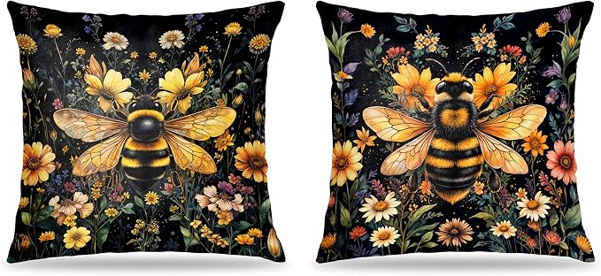 William Morris Inspired Wildflower Bumblebee Pillow Covers 18x18 Set of 2, Bee Lover Gifts, Dark Cottagecore Botanical Summer Honey Bee Decorative Throw Pillow Covers for Home Living Room